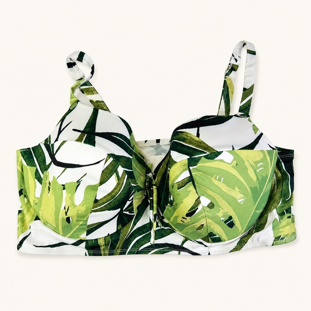 Cacique Swim Balconette Bikini Top Womens 46DDD Green Tropical Palm Leaf Print